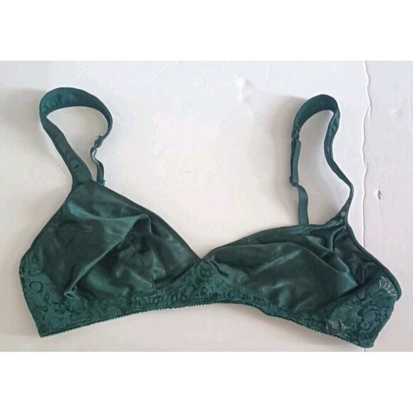 Von Raalte Bralette Bra Size 36B Unlined Satin Lace Dark Green Plunge Vintage - Picture 2 of 6